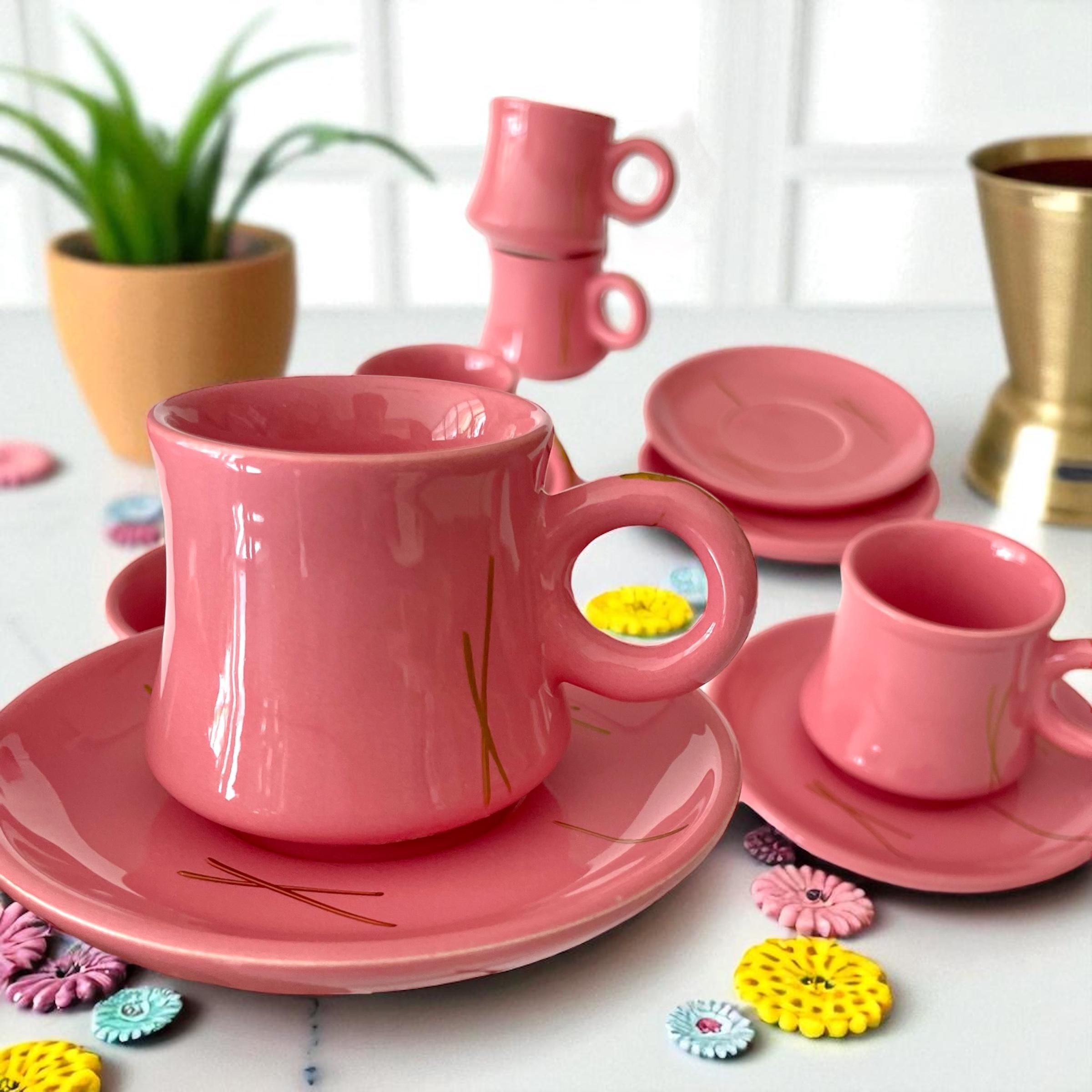 STD Çizgili Pembe 6 Kişilik 12 Parça Fincan Takımı