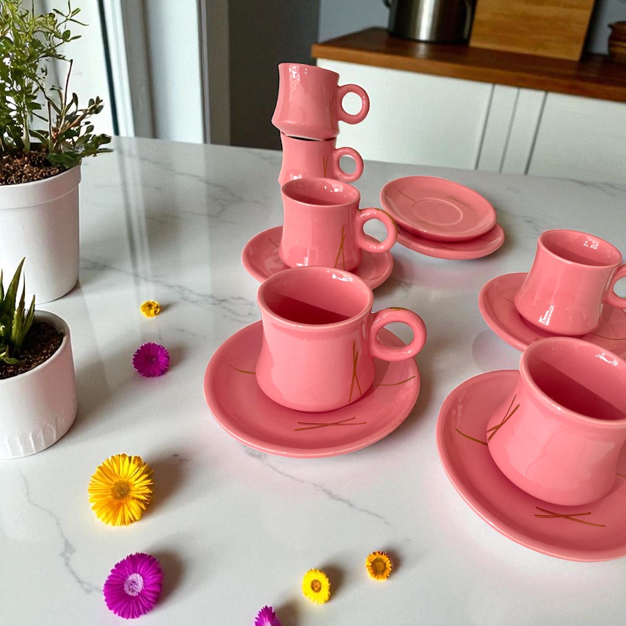 STD Çizgili Pembe 6 Kişilik 12 Parça Fincan Takımı