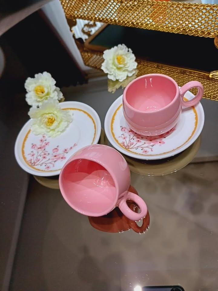 6 Kişilik 12 Parça Pembe Stonware Dijital Baskı Fincan Takımı