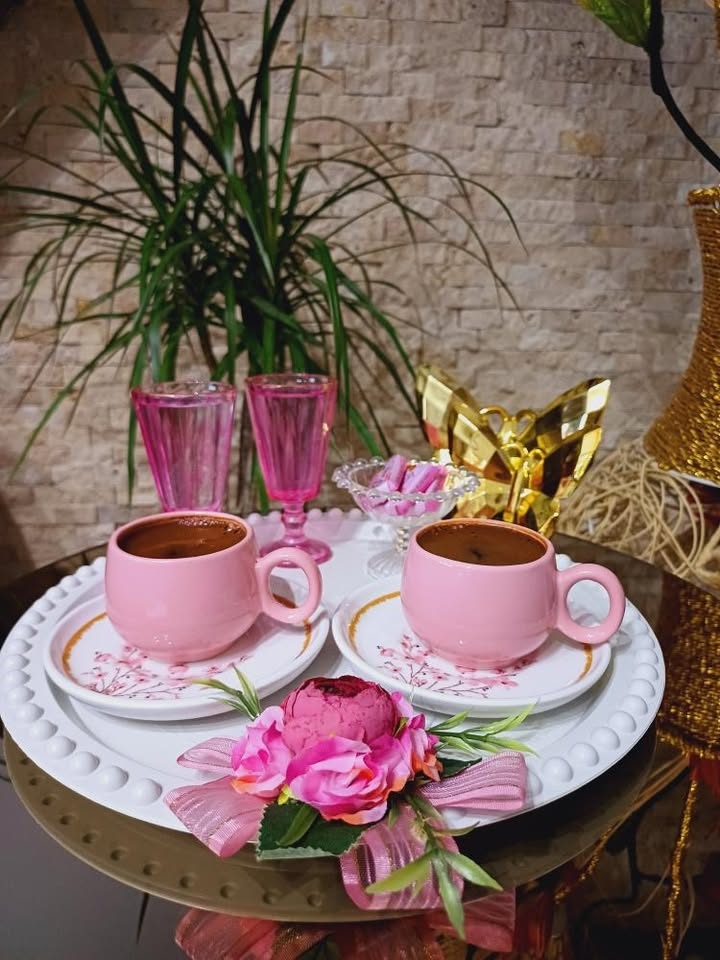 6 Kişilik 12 Parça Pembe Stonware Dijital Baskı Fincan Takımı