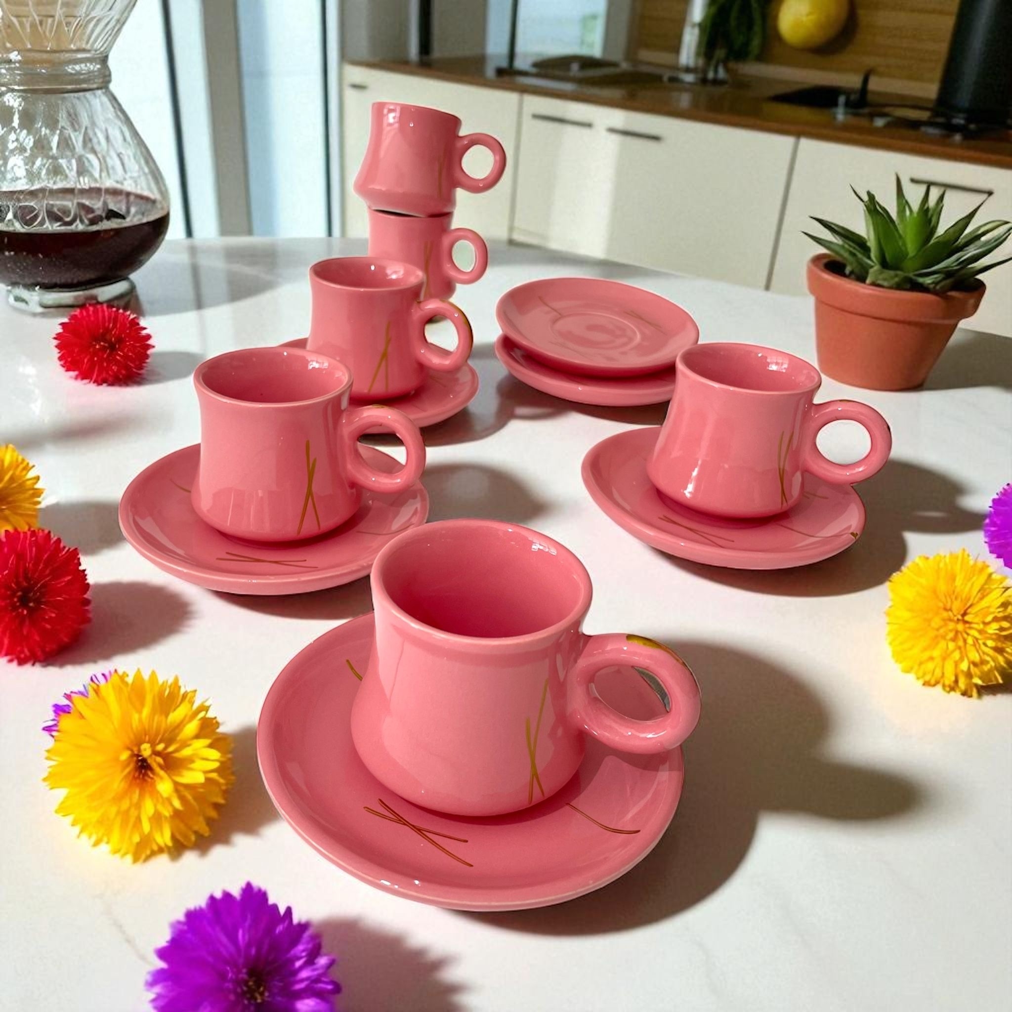 STD Çizgili Pembe 6 Kişilik 12 Parça Fincan Takımı