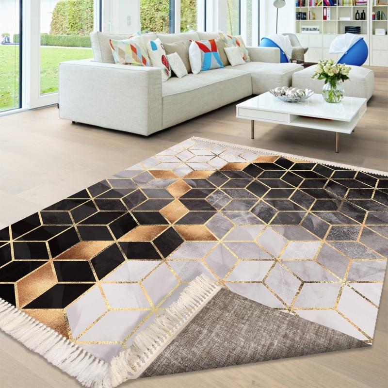 Sarı Gri Renkli Çizgili Kaymaz Taban Halı Deri Taban (PVC) Arsim Home