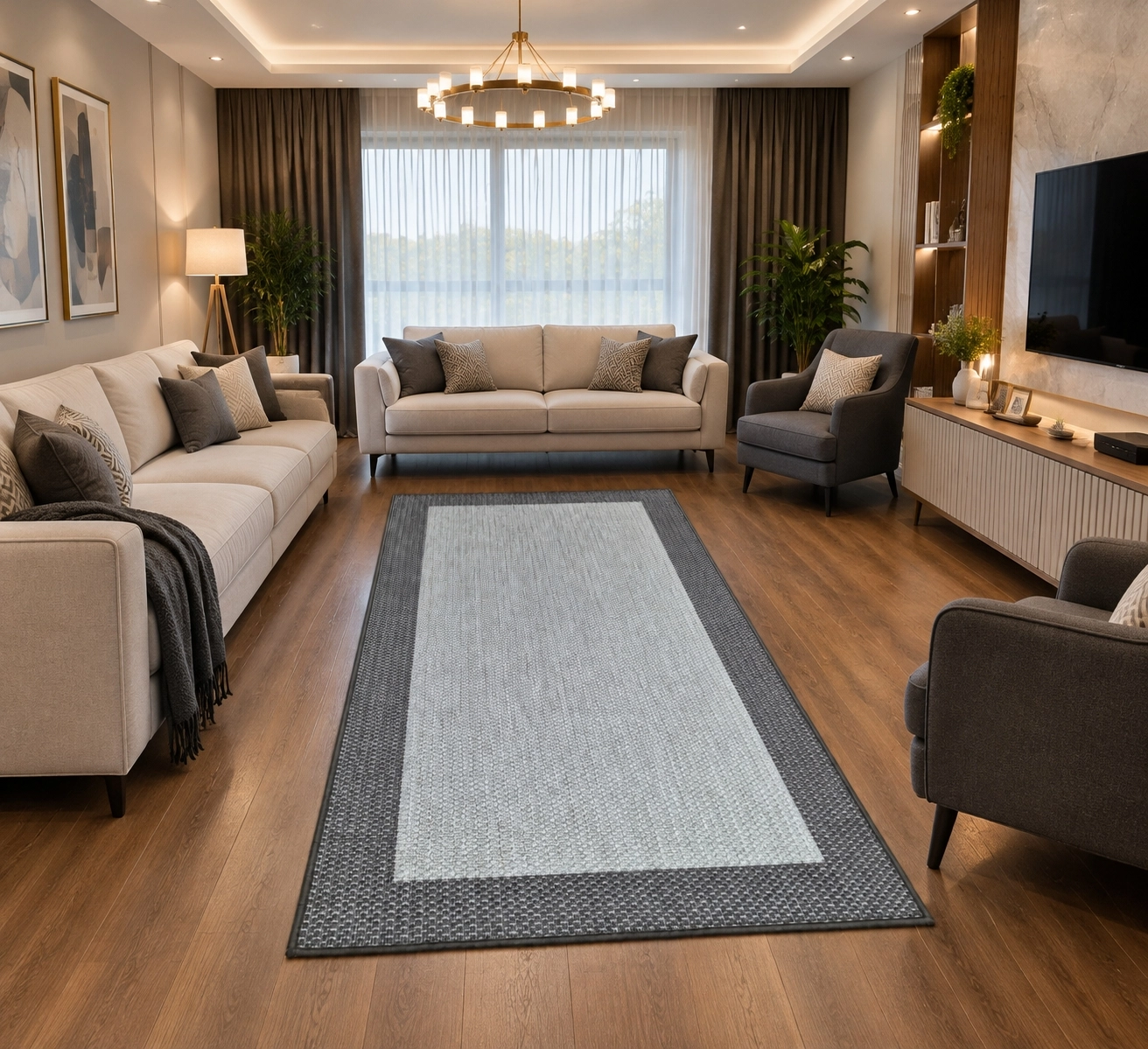 Kahve Çerçeve Gri Desenli Lüx Sisal