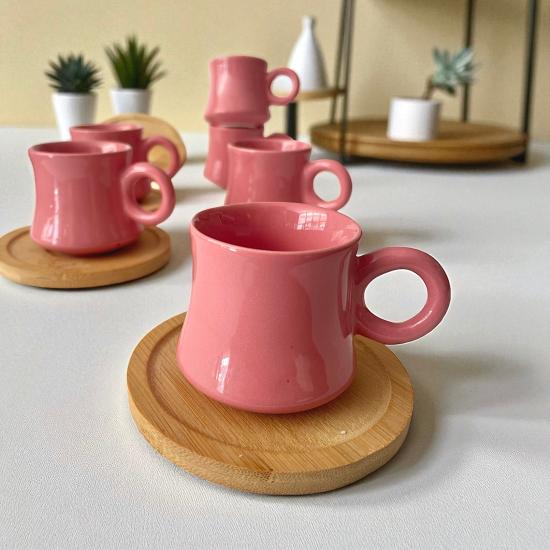 Bambu Tabaklı 6 Kişilik 12 Parça Pembe Fincan Takımı