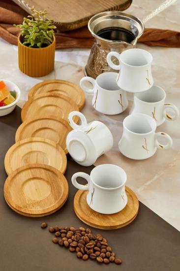 Bambu Tabaklı 6 Kişilik 12 Parça Beyaz Fincan Takımı