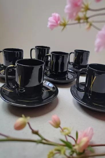 Çizgili Siyah 6 Kişilik 12 Parça Fincan Takımı