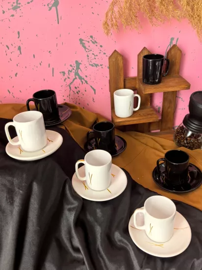 ArsimHome STD Çizgili 3 Siyah 3 Beyaz 6 Kişilik 12 Parça Fincan Takımı