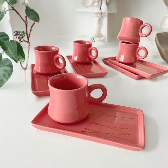 Sunum Tabaklı Çizgili Pembe 6 Kişilik 12 Parça Fincan Takımı