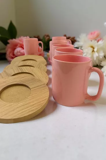 ArsimHome Pembe SLN 6 Kişilik 12 Parça Ahşap Fincan Takımı