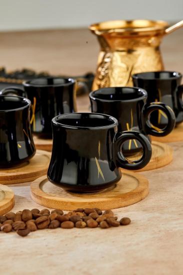 Bambu tabaklı 6 Kişilik Siyah  Fincan Takımı