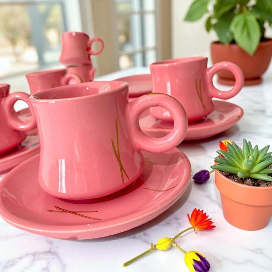STD Çizgili Pembe 6 Kişilik 12 Parça Fincan Takımı