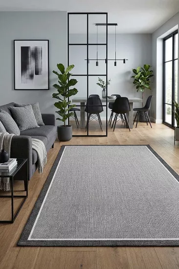 Siyah Çerçeve Beyaz Gri Desenli Çift Bordürlü  Natura Sisal
