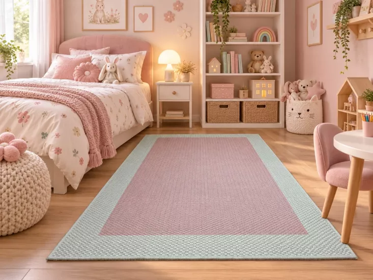 Krem Çerçeve Pembe Desenli Lüx Sisal