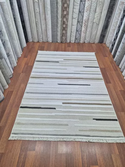 160 x 230  4m2 -Krem Kahve Çizgi Kampanyalı Makine Halısı