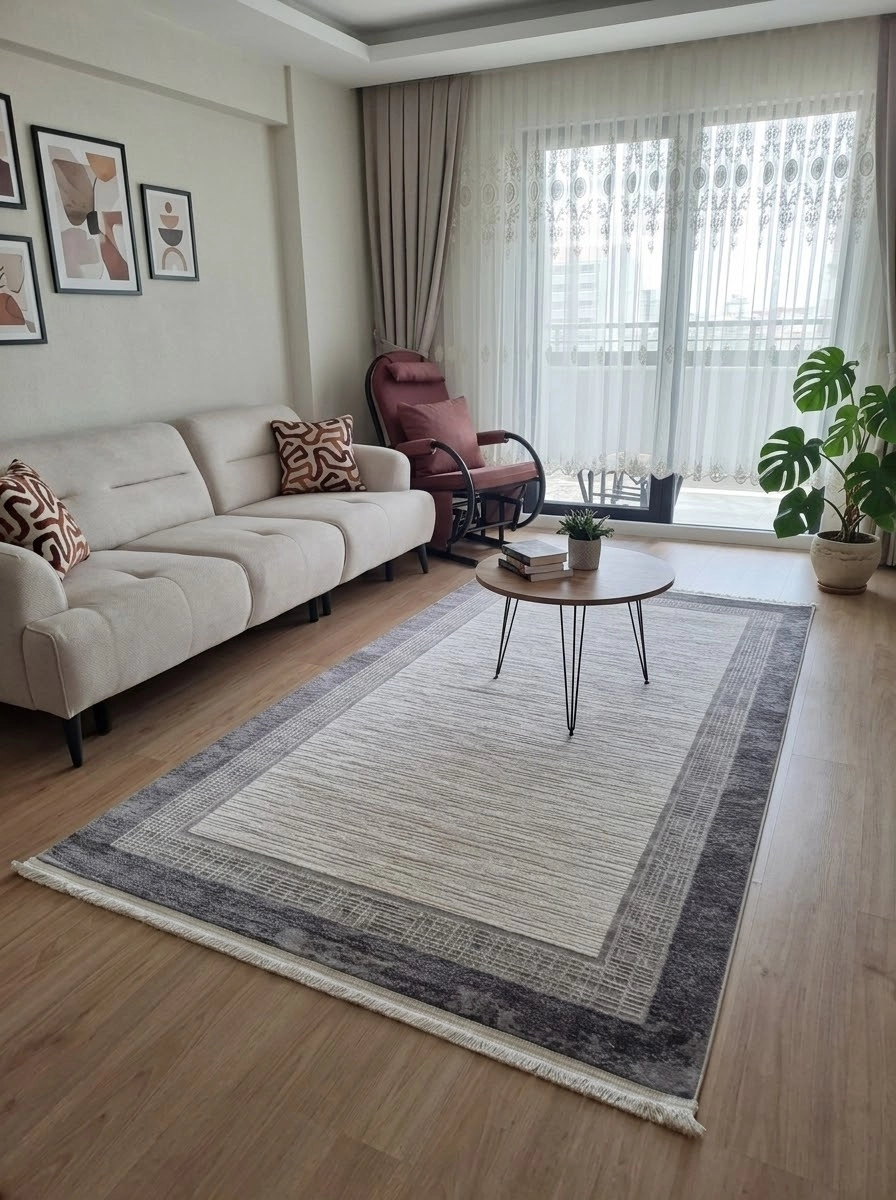 Krem Gri Çerçeve Desenli Akrilik Halı