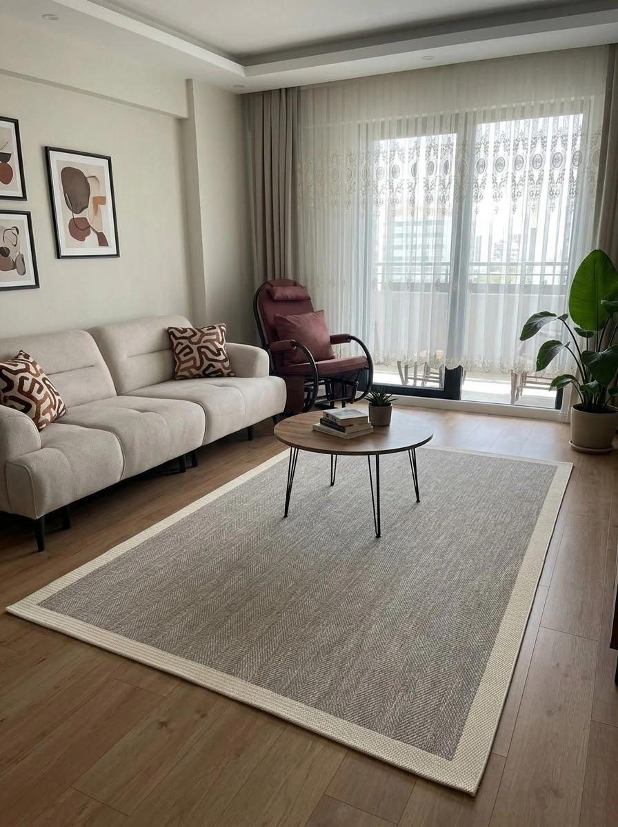 Krem Çerçeve Gri Zikzak Desenli Sisal